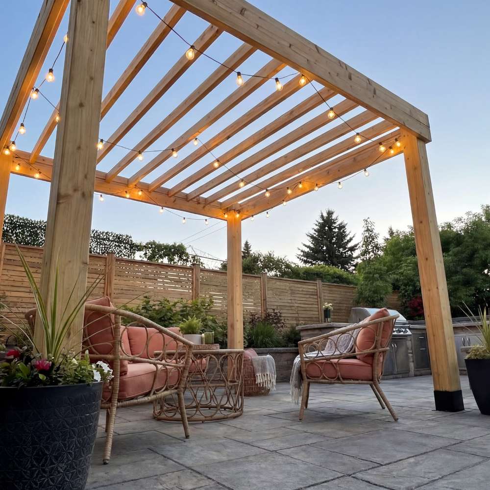 Pergola and outdoor seating area